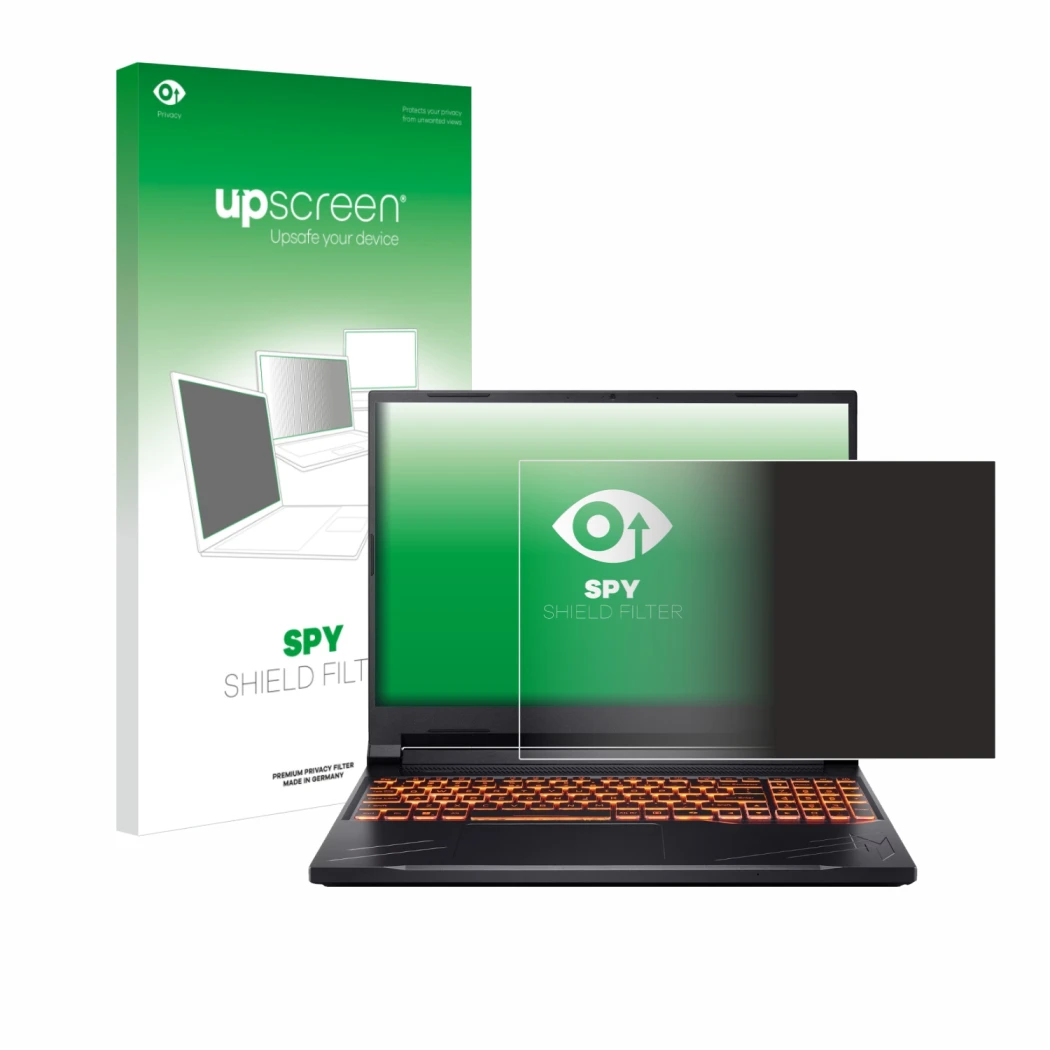 Vorderseite einer Produktverpackung mit dem Markenlogo upscreen. Daneben ist das Gerät Acer Nitro V 16 mit dem zugehörigen Dis