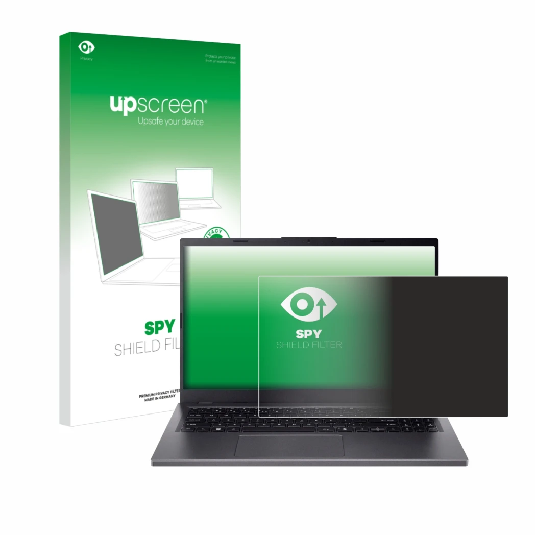 Vorderseite einer Produktverpackung mit dem Markenlogo upscreen. Daneben ist das Gerät Acer Aspire 15 A15-51 mit dem zugehörig