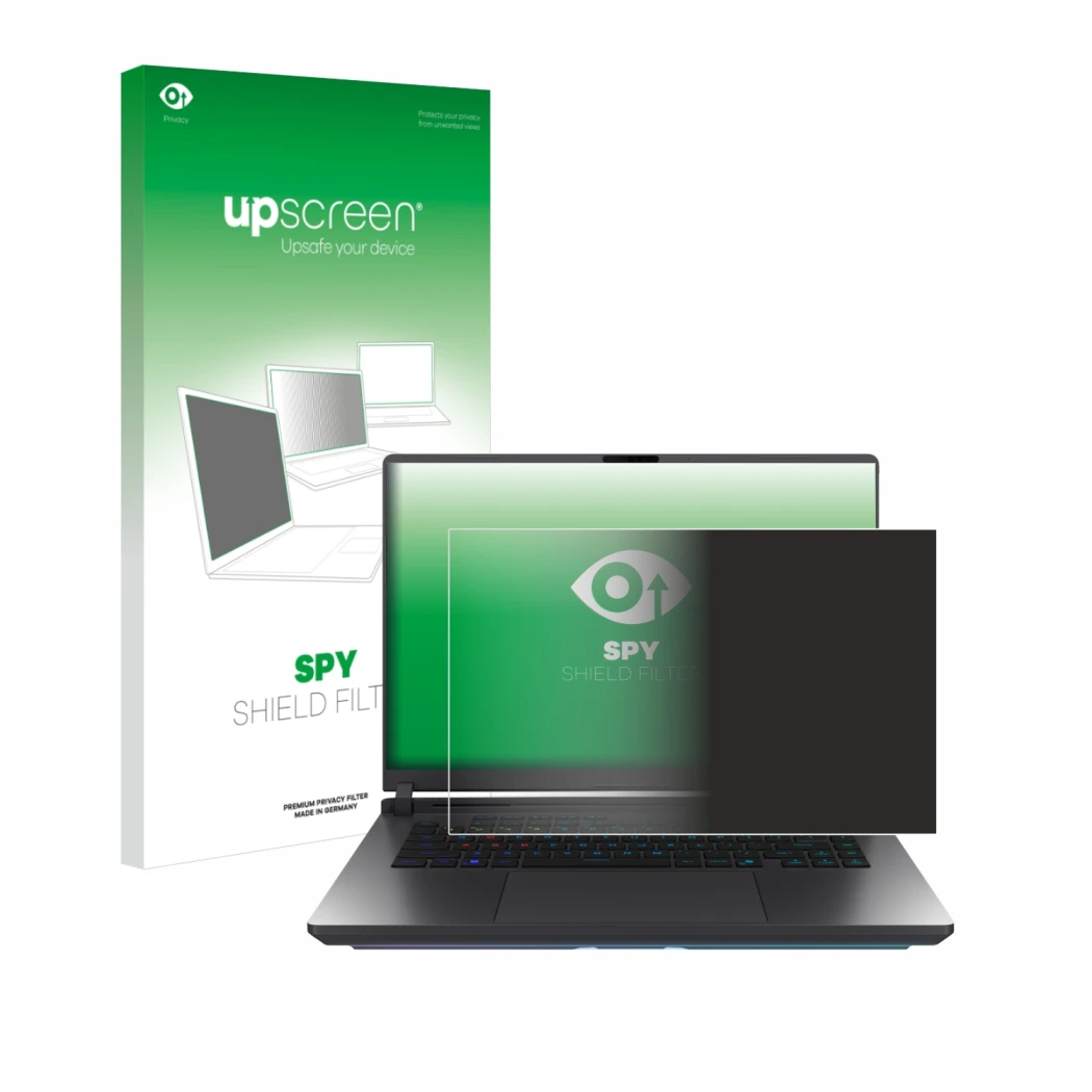 Vorderseite einer Produktverpackung mit dem Markenlogo upscreen. Daneben ist das Gerät ASUS ROG Strix G16 2025 mit dem zugehör