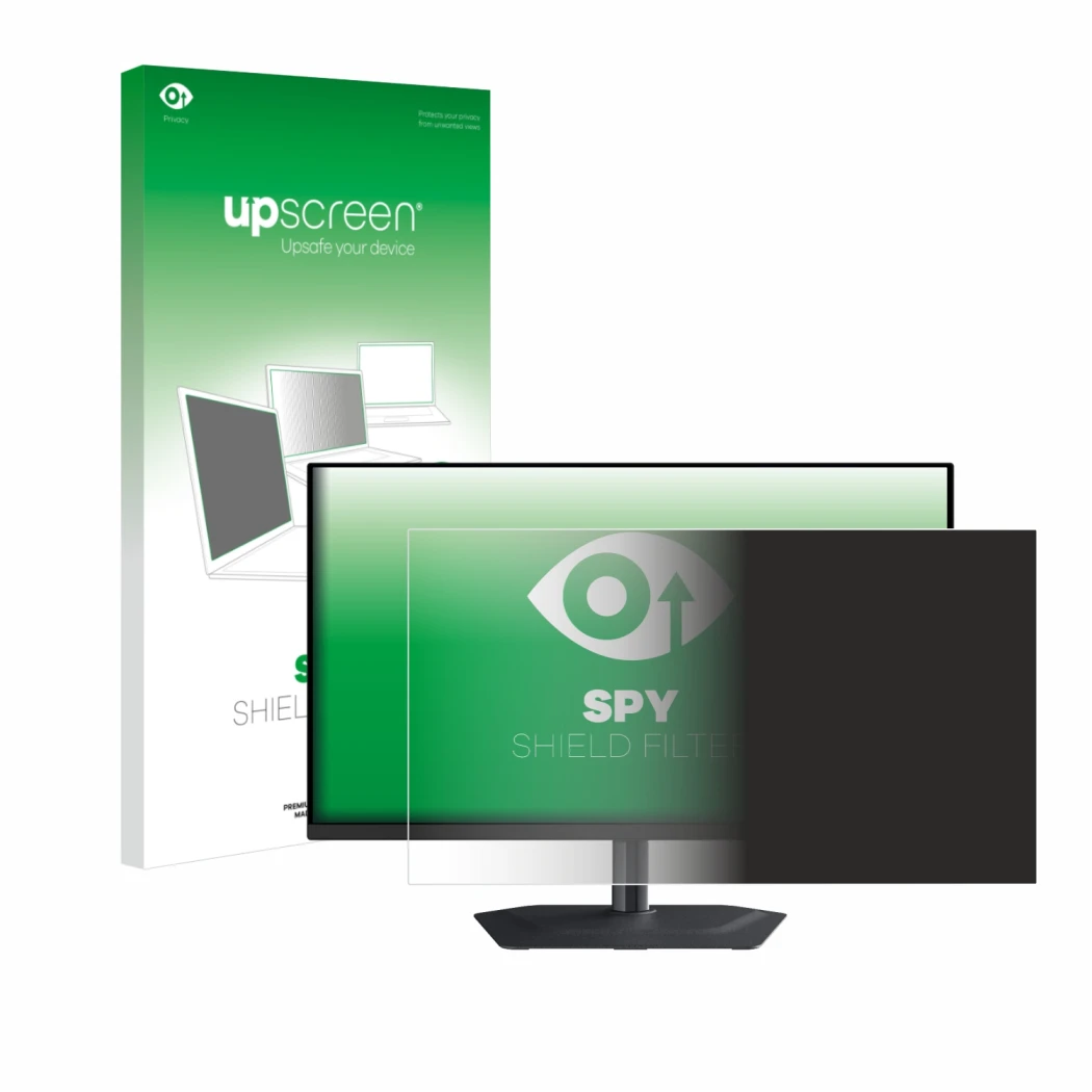 Vorderseite einer Produktverpackung mit dem Markenlogo upscreen. Daneben ist das Gerät Gigabyte MO27U2 mit dem zugehörigen Dis