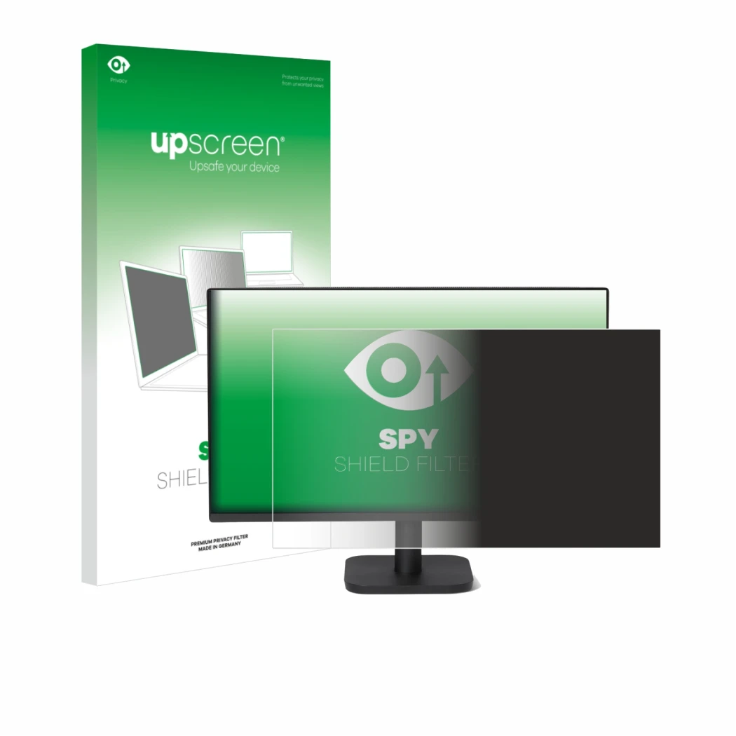 Vorderseite einer Produktverpackung mit dem Markenlogo upscreen. Daneben ist das Gerät Amazon Basics 27E40 mit dem zugehörigen