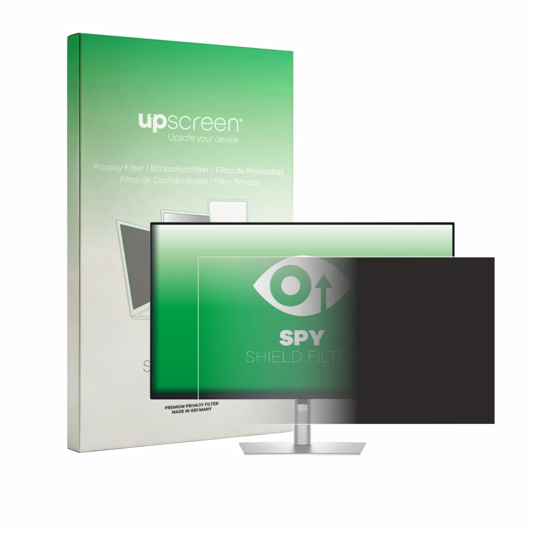 Vorderseite einer Produktverpackung mit dem Markenlogo upscreen. Daneben ist das Gerät Dell Pro 27 Plus P2725D mit dem zugehör