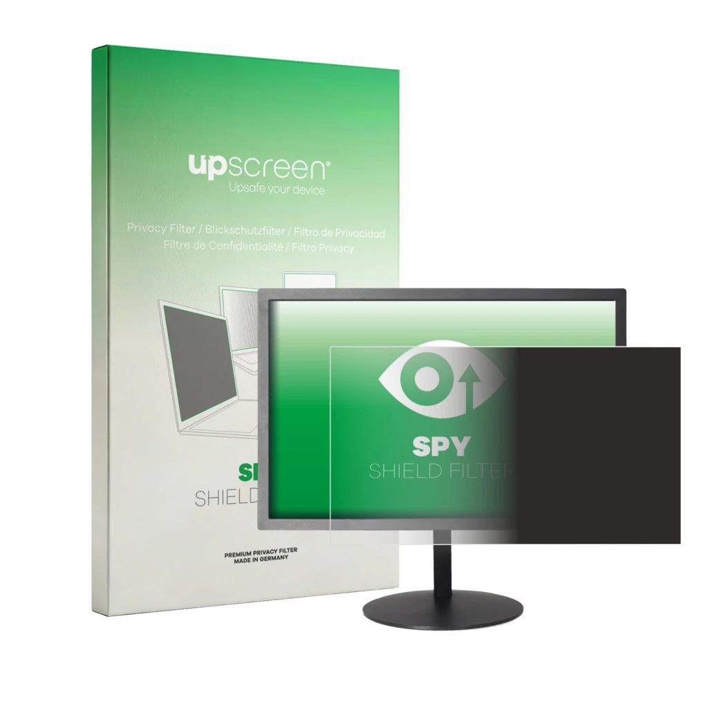 Vorderseite einer Produktverpackung mit dem Markenlogo upscreen. Daneben ist das Gerät Lenovo ThinkVision T2454p mit dem zugeh