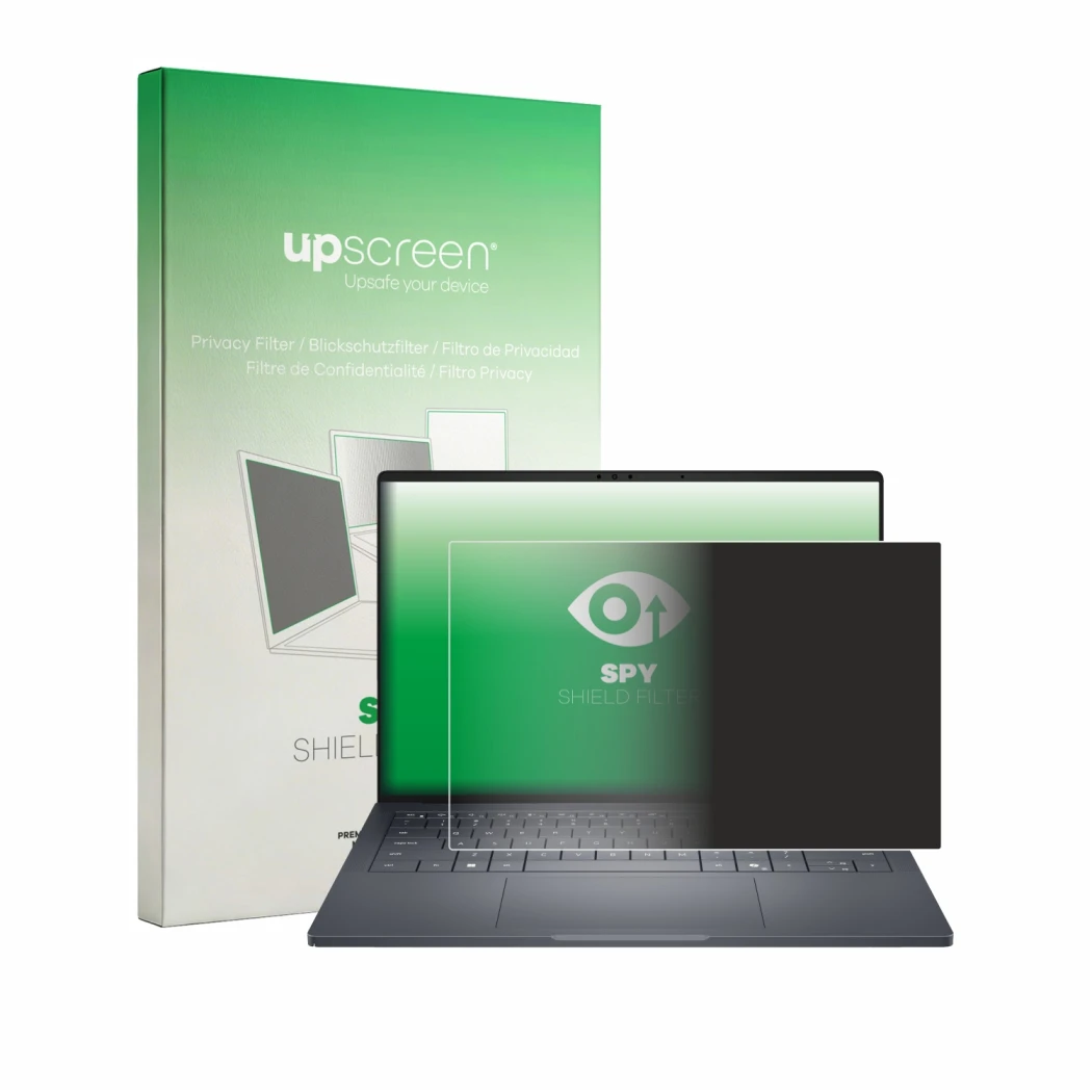 Vorderseite einer Produktverpackung mit dem Markenlogo upscreen. Daneben ist das Gerät Dell Pro Max 14 Premium mit dem zugehör