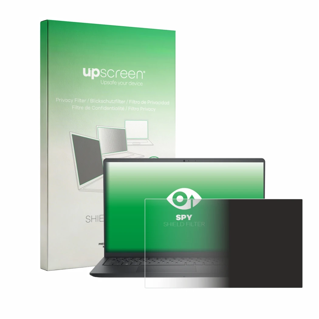 Vorderseite einer Produktverpackung mit dem Markenlogo upscreen. Daneben ist das Gerät Dell Pro 15 Essential PV15250 mit dem z