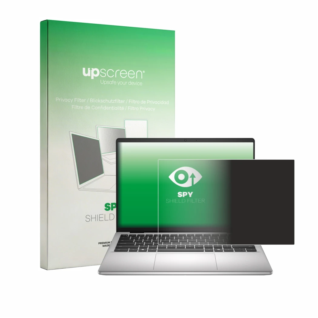 Vorderseite einer Produktverpackung mit dem Markenlogo upscreen. Daneben ist das Gerät Dell Dell Pro 14 Essential mit dem zuge