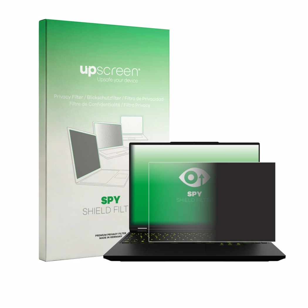 Vorderseite einer Produktverpackung mit dem Markenlogo upscreen. Daneben ist das Gerät XMG Neo 16 mit dem zugehörigen Displays