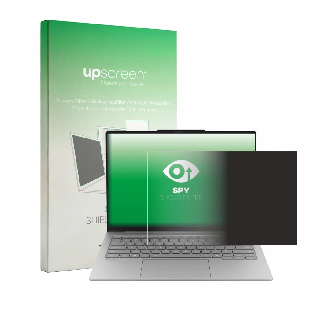 Vorderseite einer Produktverpackung mit dem Markenlogo upscreen. Daneben ist das Gerät Lenovo ThinkBook 14X mit dem zugehörige