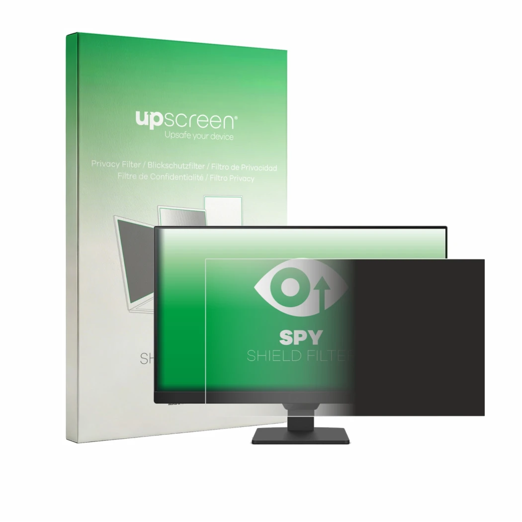 Vorderseite einer Produktverpackung mit dem Markenlogo upscreen. Daneben ist das Gerät BenQ GW2490E mit dem zugehörigen Displa