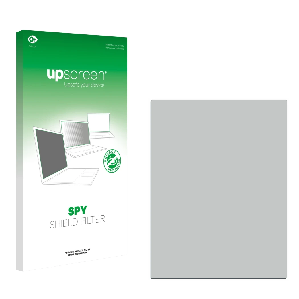 Vorderseite einer Produktverpackung mit dem Markenlogo upscreen. Daneben ist der zugehörige Displayschutz.