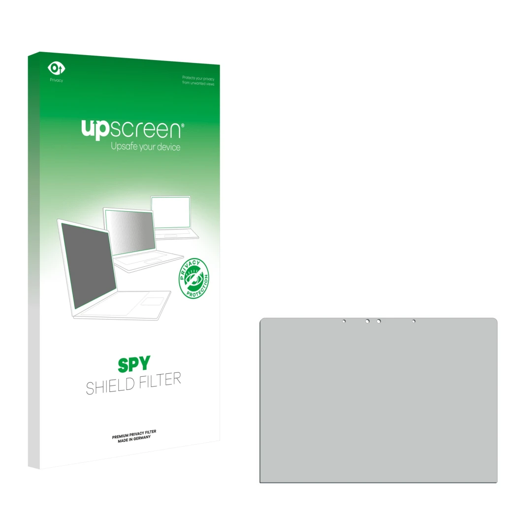 Vorderseite einer Produktverpackung mit dem Markenlogo upscreen. Daneben ist der zugehörige Displayschutz.