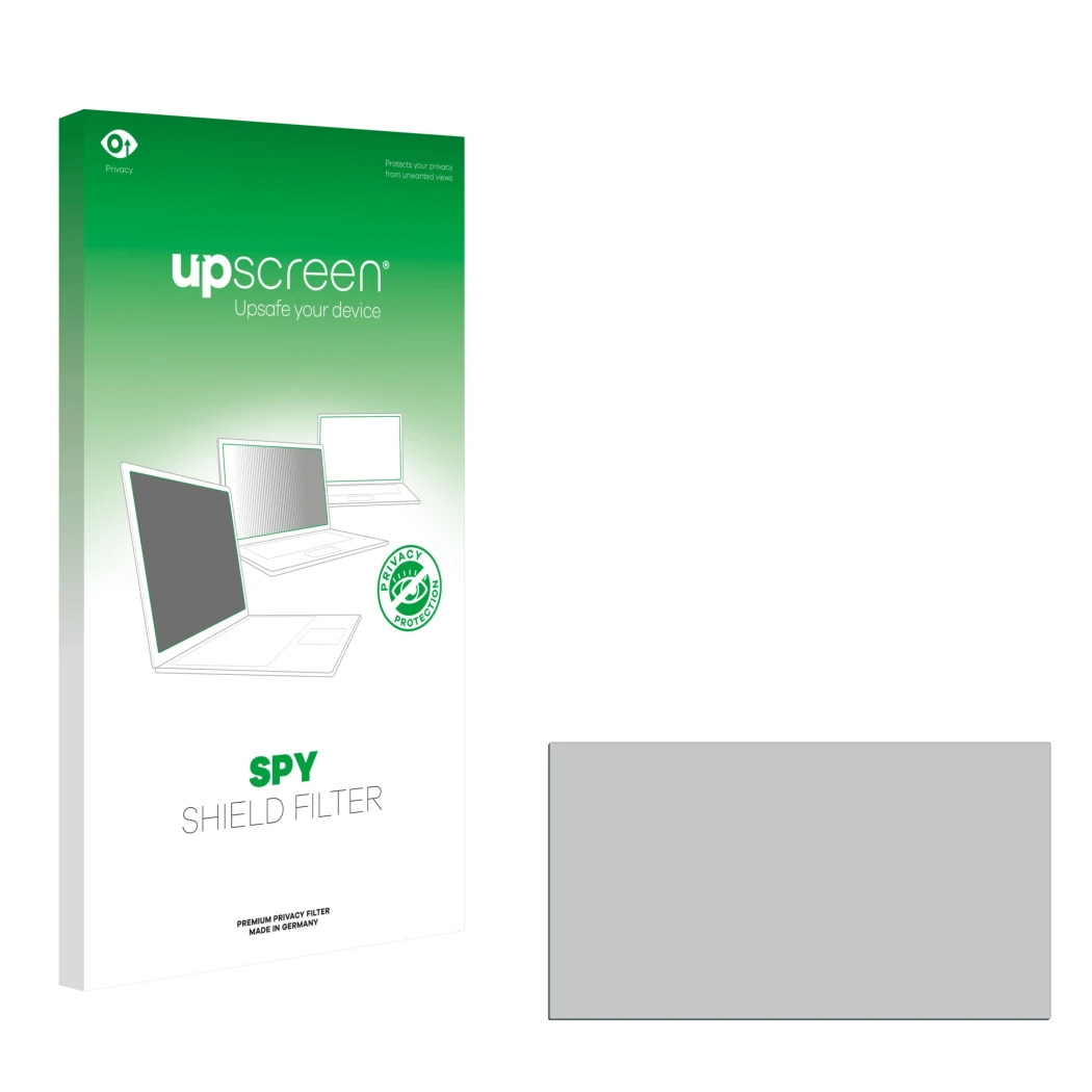 Vorderseite einer Produktverpackung mit dem Markenlogo upscreen. Daneben ist der zugehörige Displayschutz.