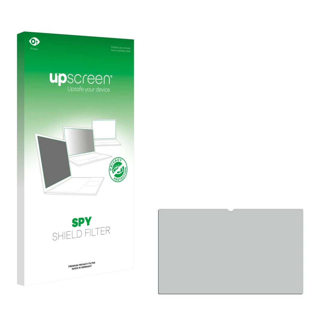 Vorderseite einer Produktverpackung mit dem Markenlogo upscreen. Daneben ist der zugehörige Displayschutz.