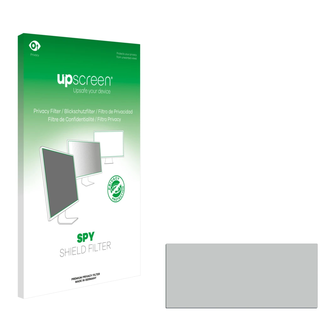 Vorderseite einer Produktverpackung mit dem Markenlogo upscreen. Daneben ist der zugehörige Displayschutz.