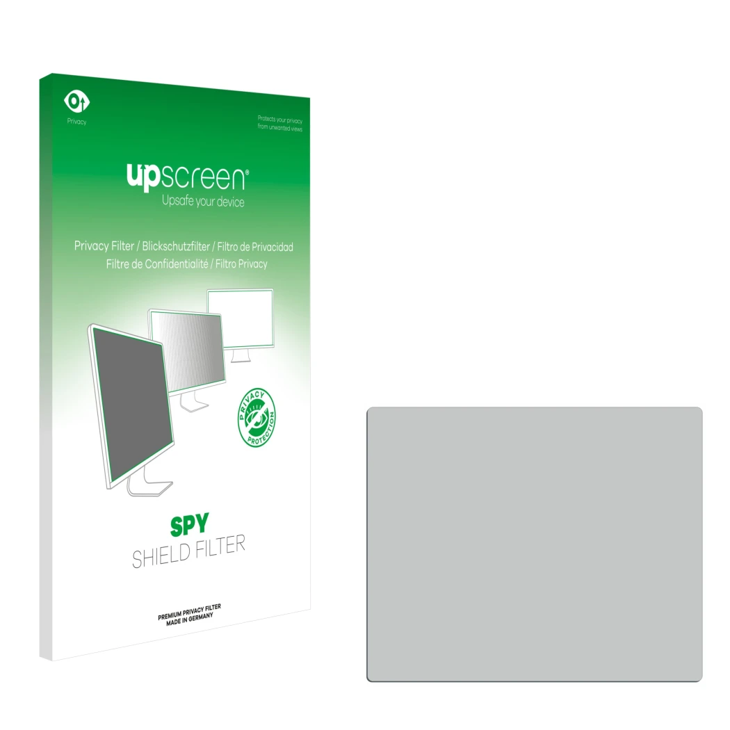 Vorderseite einer Produktverpackung mit dem Markenlogo upscreen. Daneben ist der zugehörige Displayschutz.