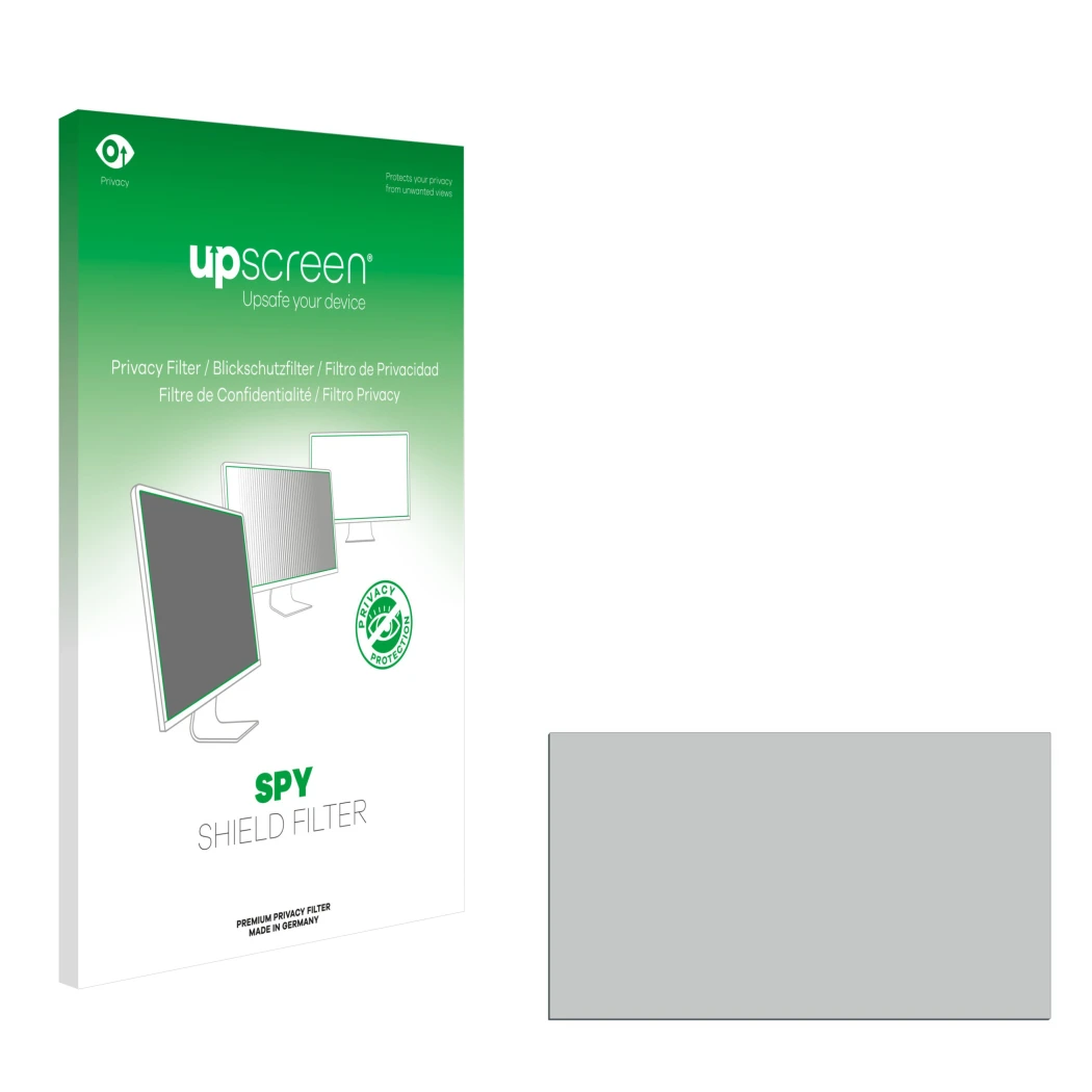Vorderseite einer Produktverpackung mit dem Markenlogo upscreen. Daneben ist der zugehörige Displayschutz.