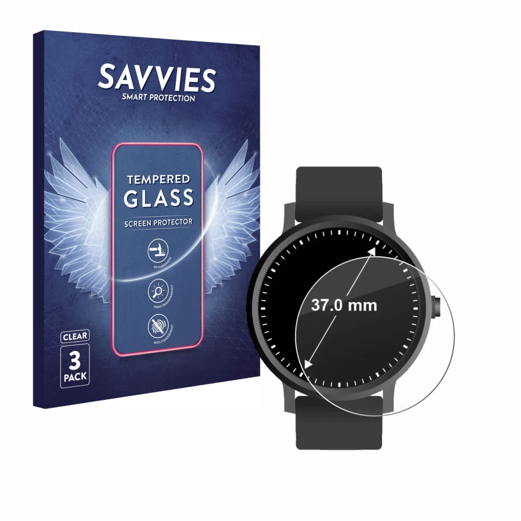 Vorderseite einer Produktverpackung mit dem Markenlogo Savvies. Daneben ist das Gerät Armbanduhren (Kreisrund, ø: 37 mm) mit d