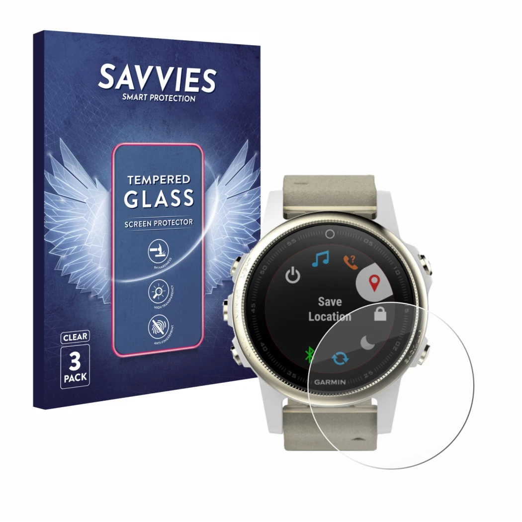 Vorderseite einer Produktverpackung mit dem Markenlogo Savvies. Daneben ist das Gerät Garmin Fenix 5S (42 mm) mit dem zugehöri