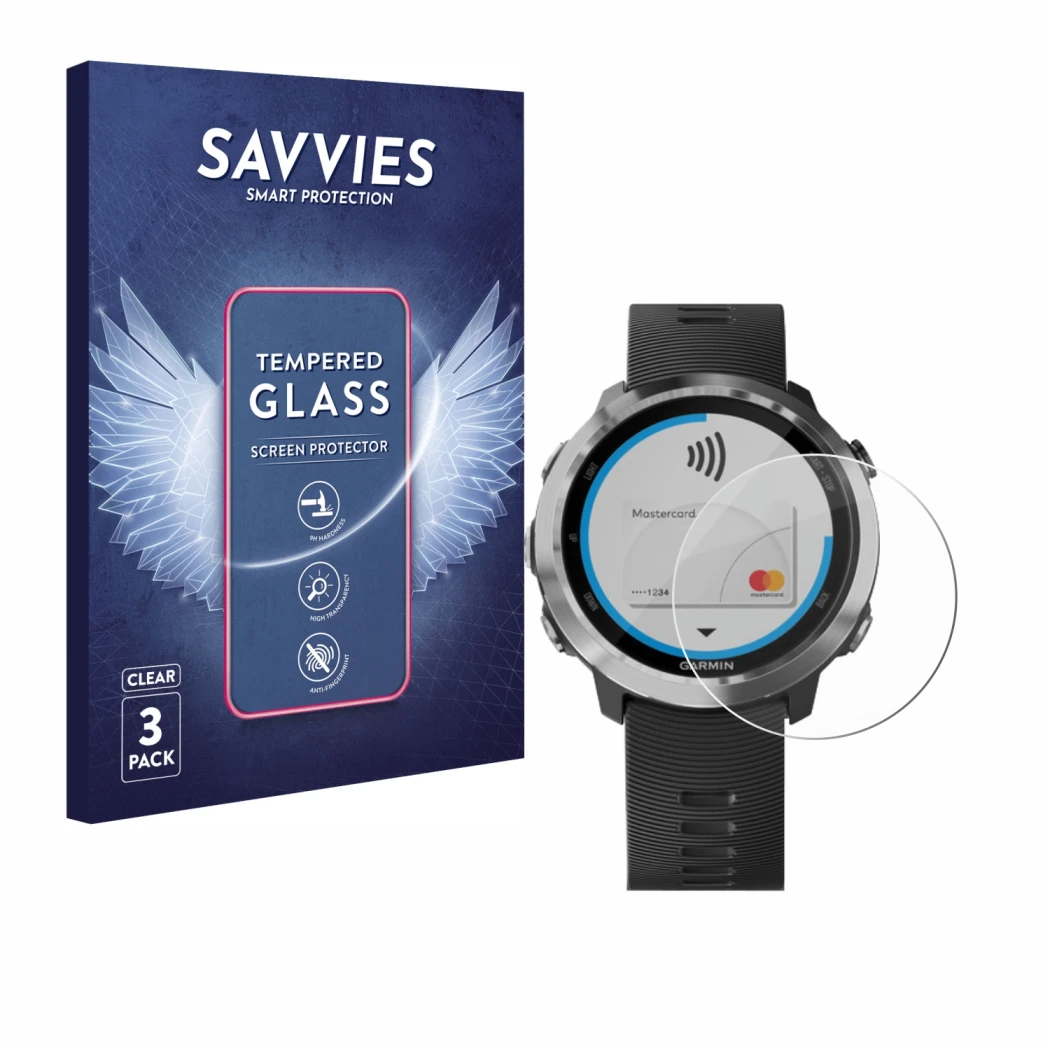 Vorderseite einer Produktverpackung mit dem Markenlogo Savvies. Daneben ist das Gerät Garmin Forerunner 645 mit dem zugehörige