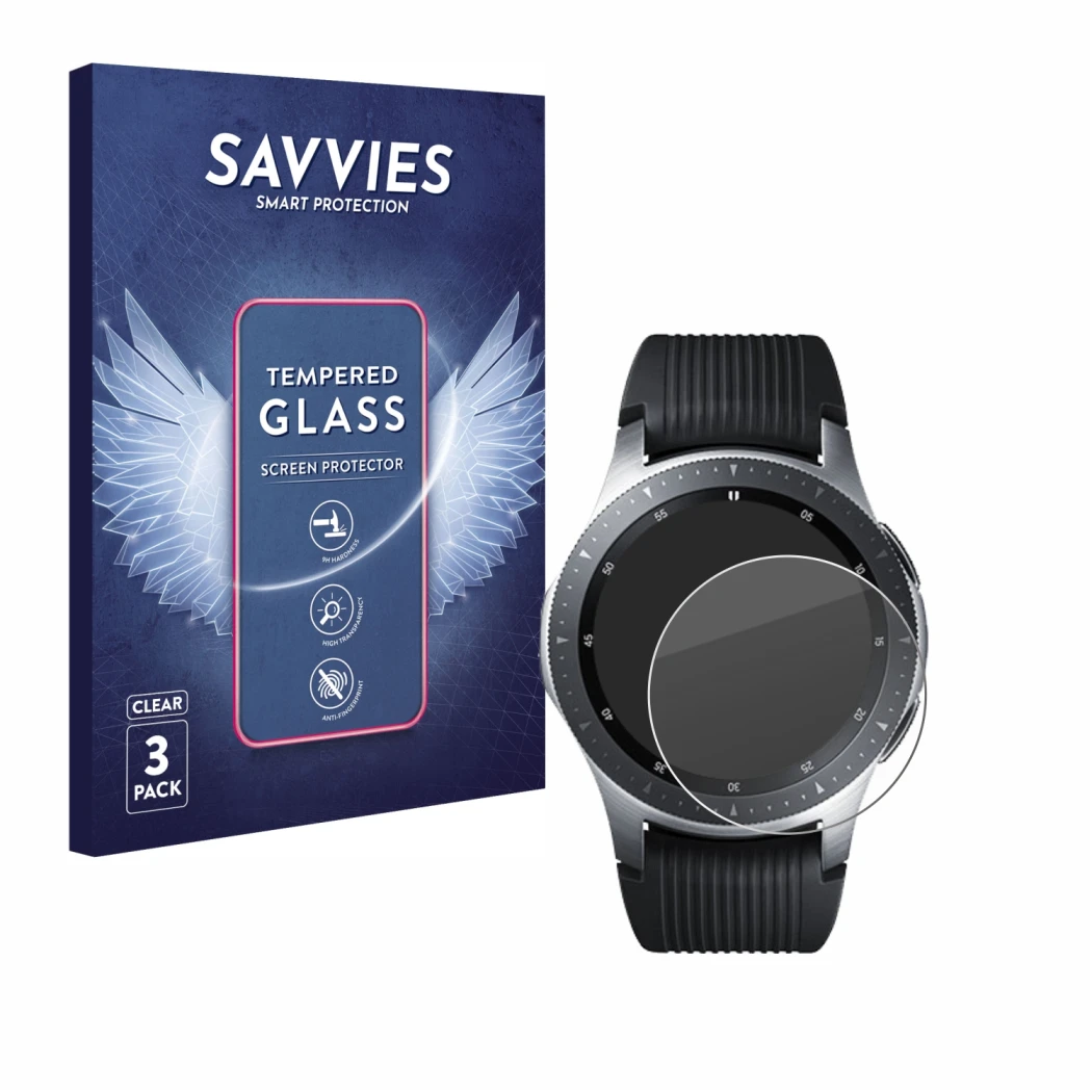 Vorderseite einer Produktverpackung mit dem Markenlogo Savvies. Daneben ist das Gerät Samsung Galaxy Watch (46 mm) mit dem zug