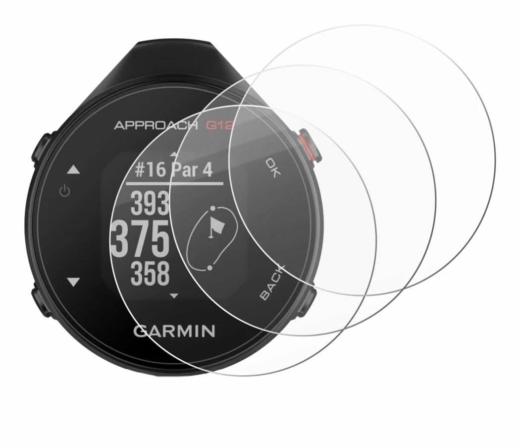 Abbildung des Geräts Garmin Approach G12 mit einer Vielzahl des Displayschutzes.