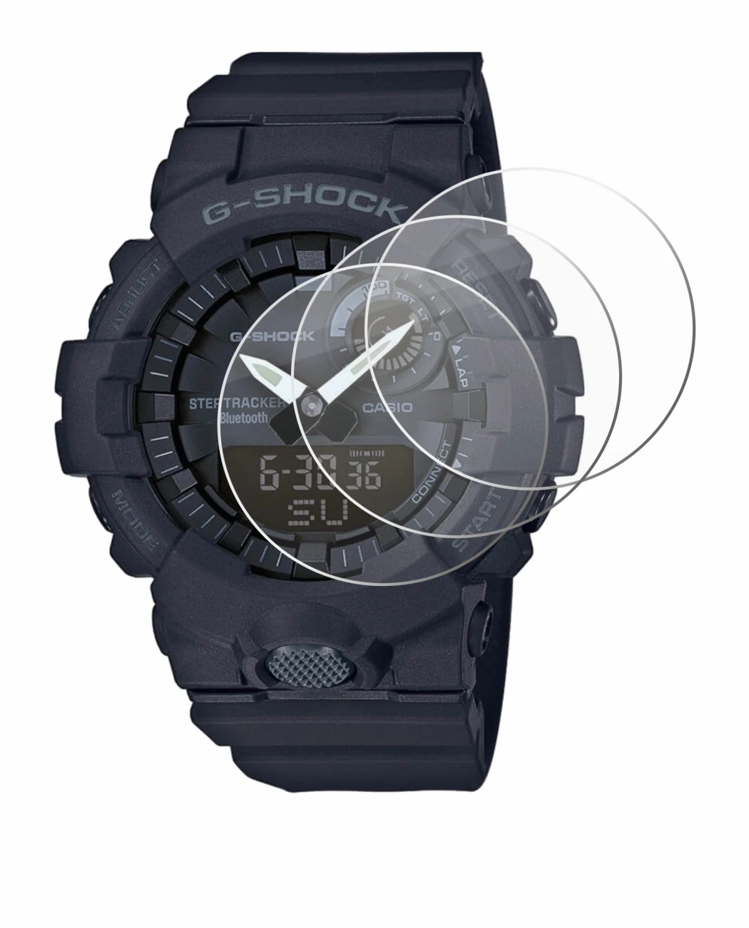 Abbildung des Geräts Casio G-Shock GBA800 mit einer Vielzahl des Displayschutzes.