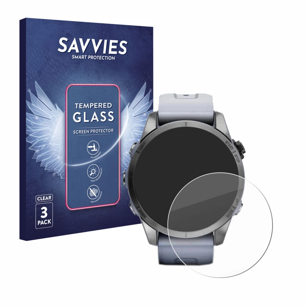 Vorderseite einer Produktverpackung mit dem Markenlogo Savvies. Daneben ist das Gerät Garmin Fenix 7S (42 mm) mit dem zugehöri