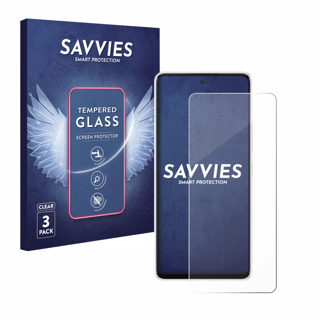 Vorderseite einer Produktverpackung mit dem Markenlogo Savvies. Daneben ist das Gerät Samsung Galaxy A53 5G mit dem zugehörige