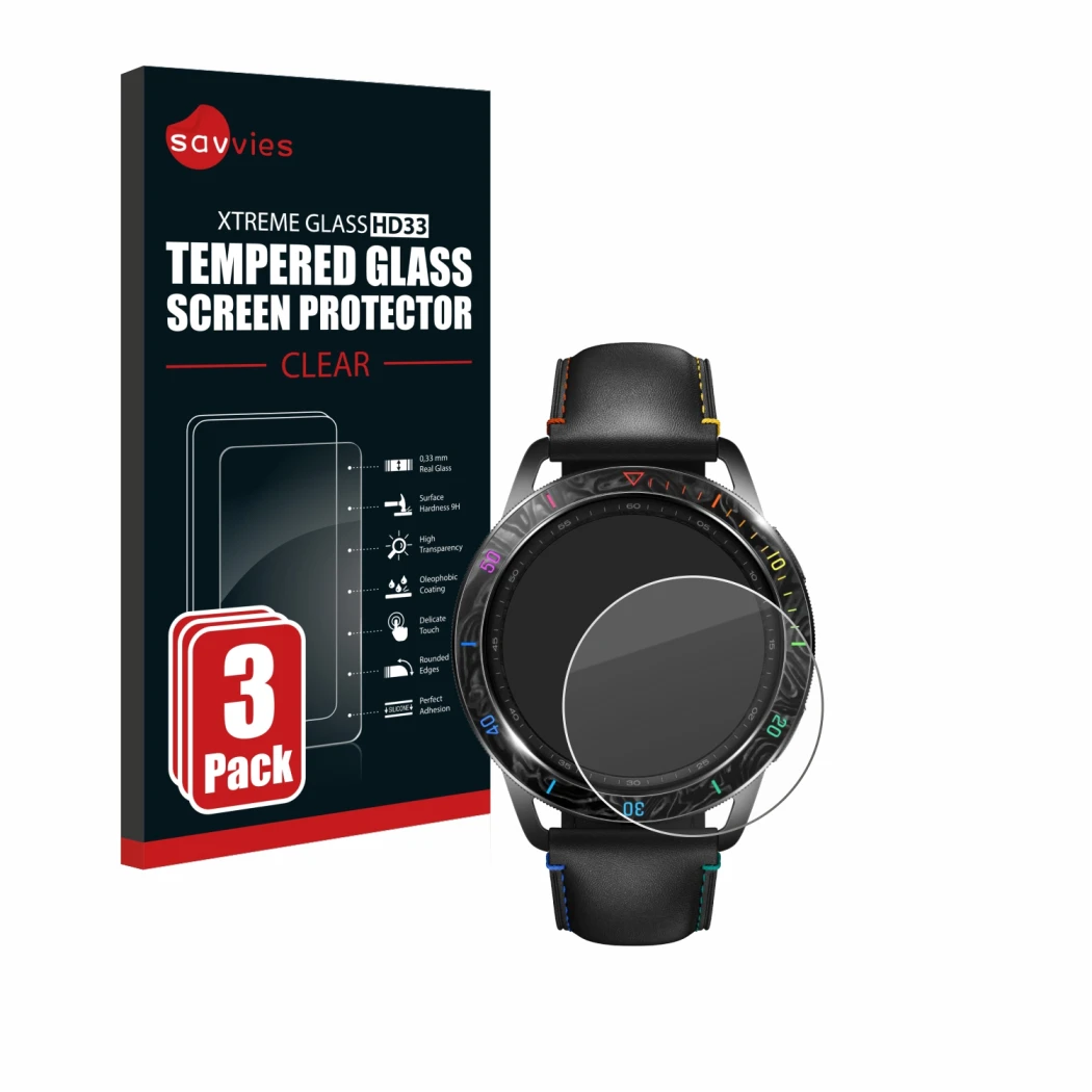 Vorderseite einer Produktverpackung mit dem Markenlogo Savvies. Daneben ist das Gerät Xiaomi Watch S3 mit dem zugehörigen Disp