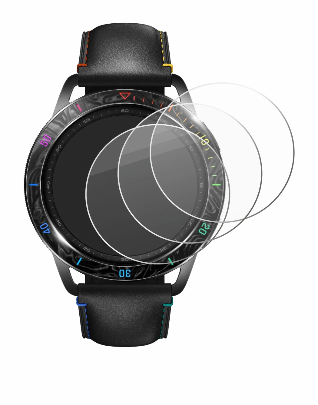 Abbildung des Geräts Xiaomi Watch S3 mit einer Vielzahl des Displayschutzes.