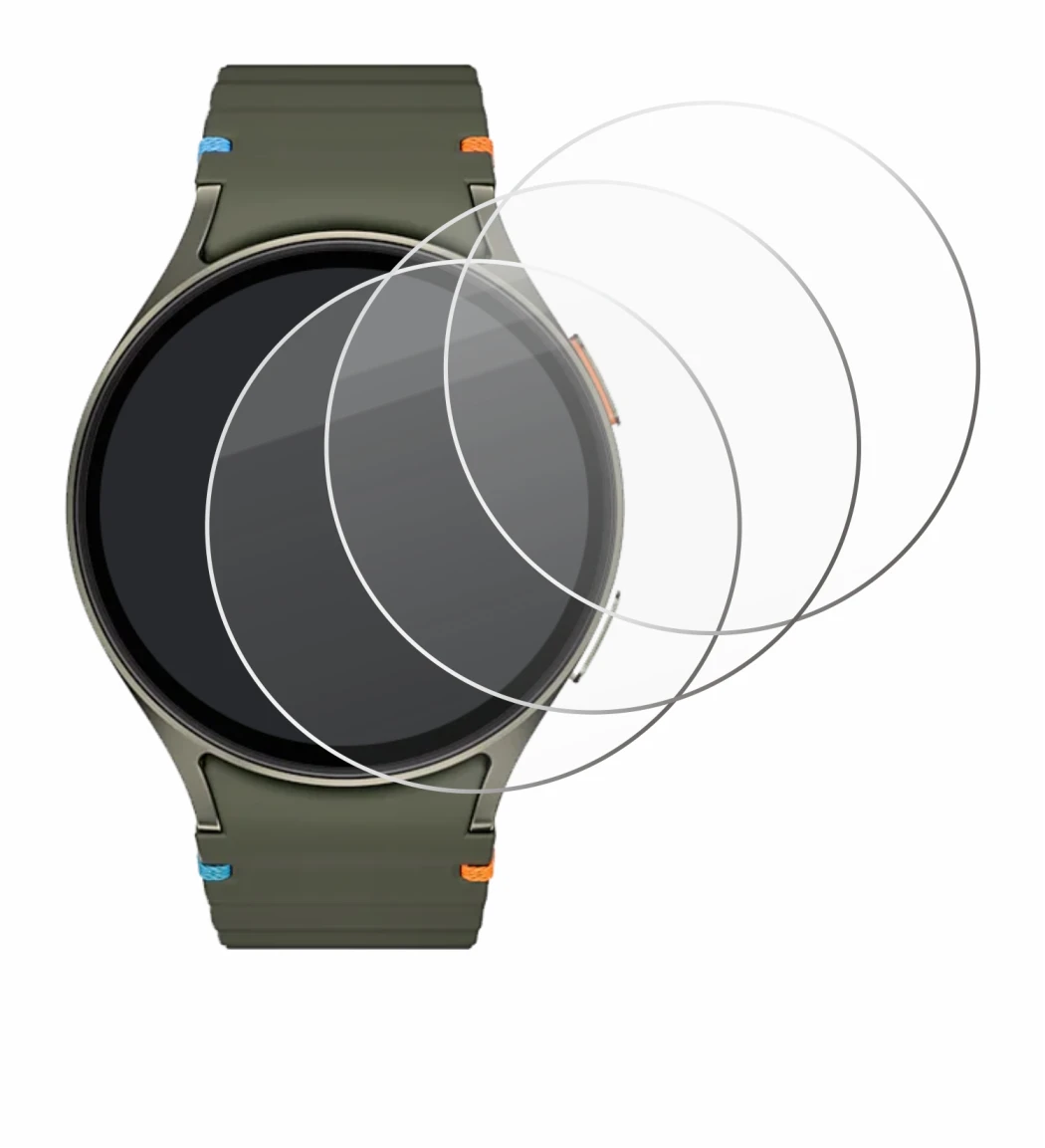 Abbildung des Geräts Samsung Galaxy Watch 7 (44 mm) mit einer Vielzahl des Displayschutzes.