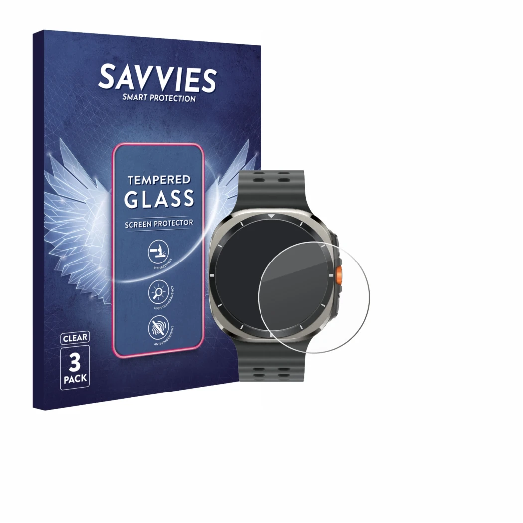 Vorderseite einer Produktverpackung mit dem Markenlogo Savvies. Daneben ist das Gerät Samsung Galaxy Watch Ultra (47 mm) mit d