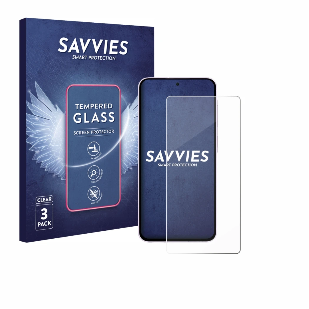 Vorderseite einer Produktverpackung mit dem Markenlogo Savvies. Daneben ist das Gerät Samsung Galaxy A56 5G Enterprise Edition