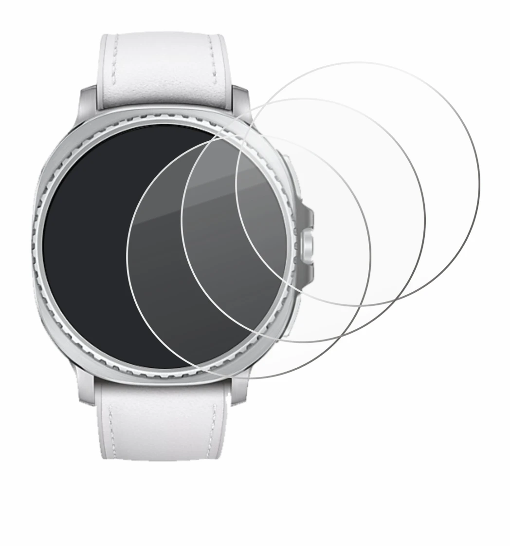 Abbildung des Geräts Samsung Galaxy Watch 8 Classic (46 mm) mit einer Vielzahl des Displayschutzes.