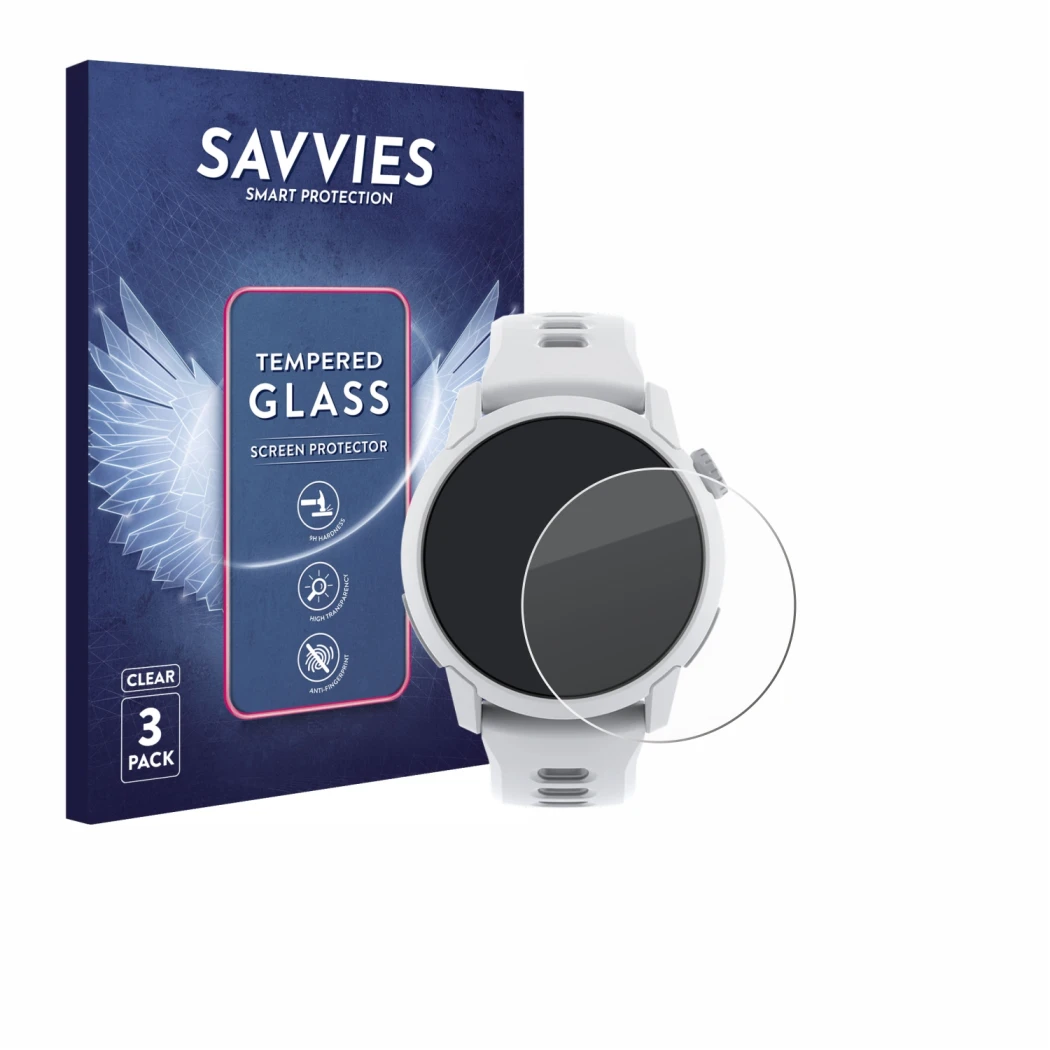 Vorderseite einer Produktverpackung mit dem Markenlogo Savvies. Daneben ist das Gerät Coros Pace 4 mit dem zugehörigen Display