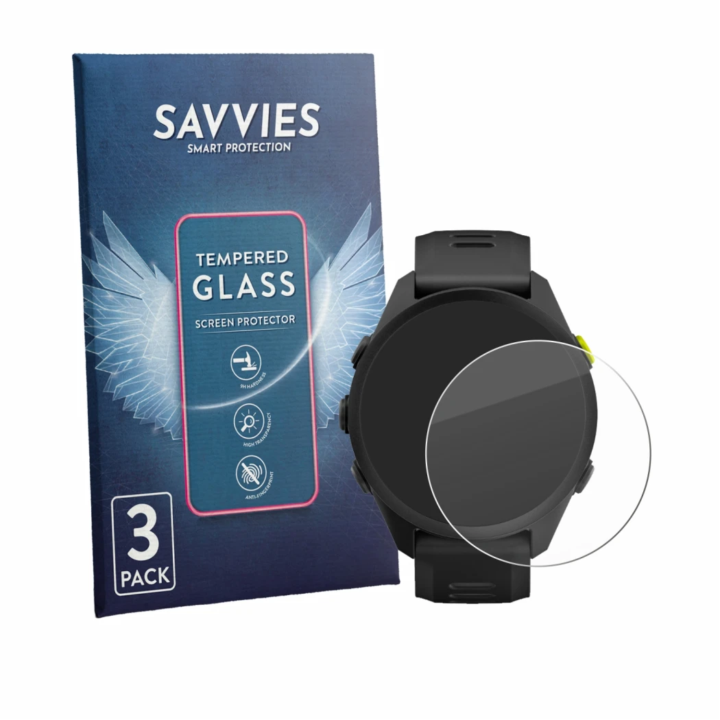 Vorderseite einer Produktverpackung mit dem Markenlogo Savvies. Daneben ist das Gerät Garmin Forerunner 70 mit dem zugehörigen