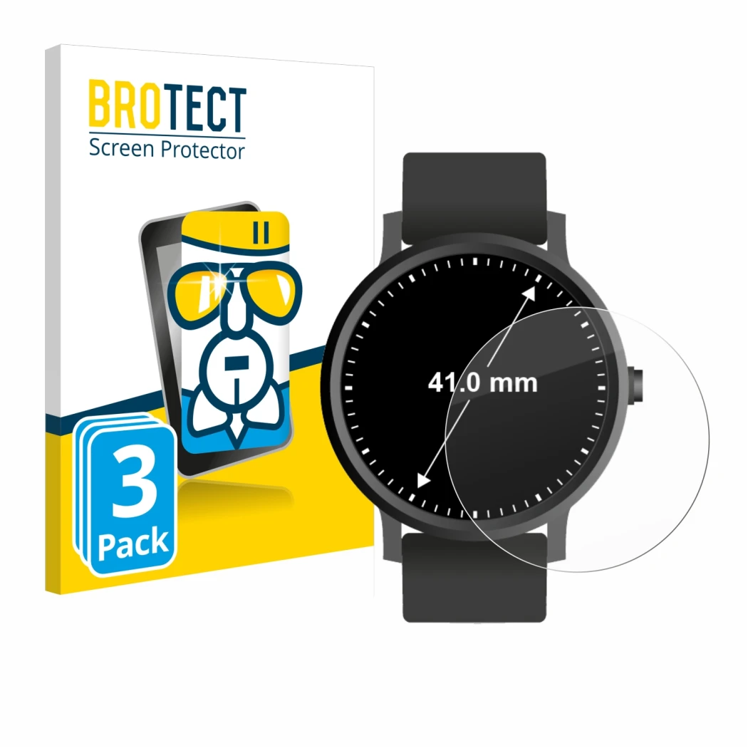 Vorderseite einer Produktverpackung mit dem Markenlogo BROTECT. Daneben ist das Gerät Armbanduhren (Kreisrund, ø: 41 mm) mit d