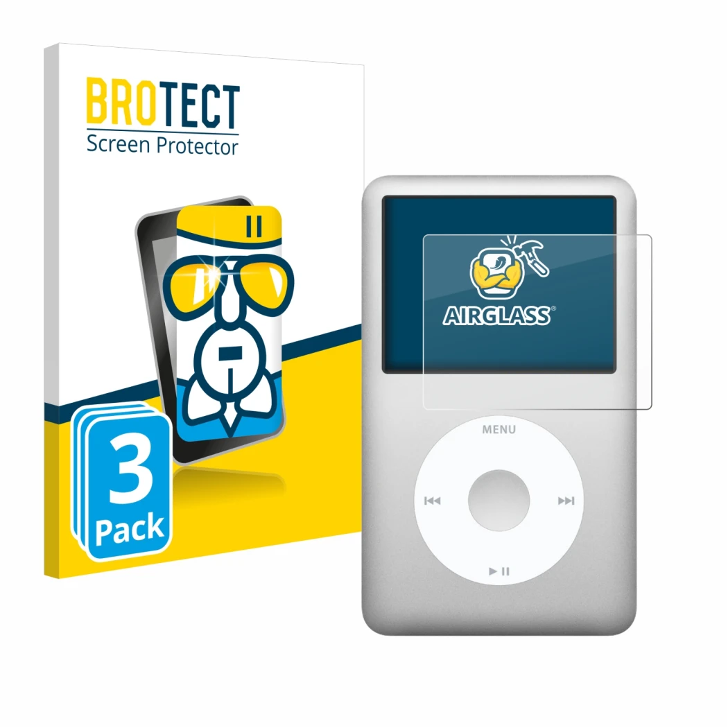 Vorderseite einer Produktverpackung mit dem Markenlogo BROTECT. Daneben ist das Gerät Apple iPod classic 160 GB (7. Gen.) mit