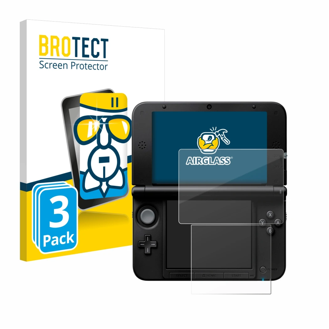 Vorderseite einer Produktverpackung mit dem Markenlogo BROTECT. Daneben ist das Gerät Nintendo 3DS XL SPM7800 mit dem zugehöri