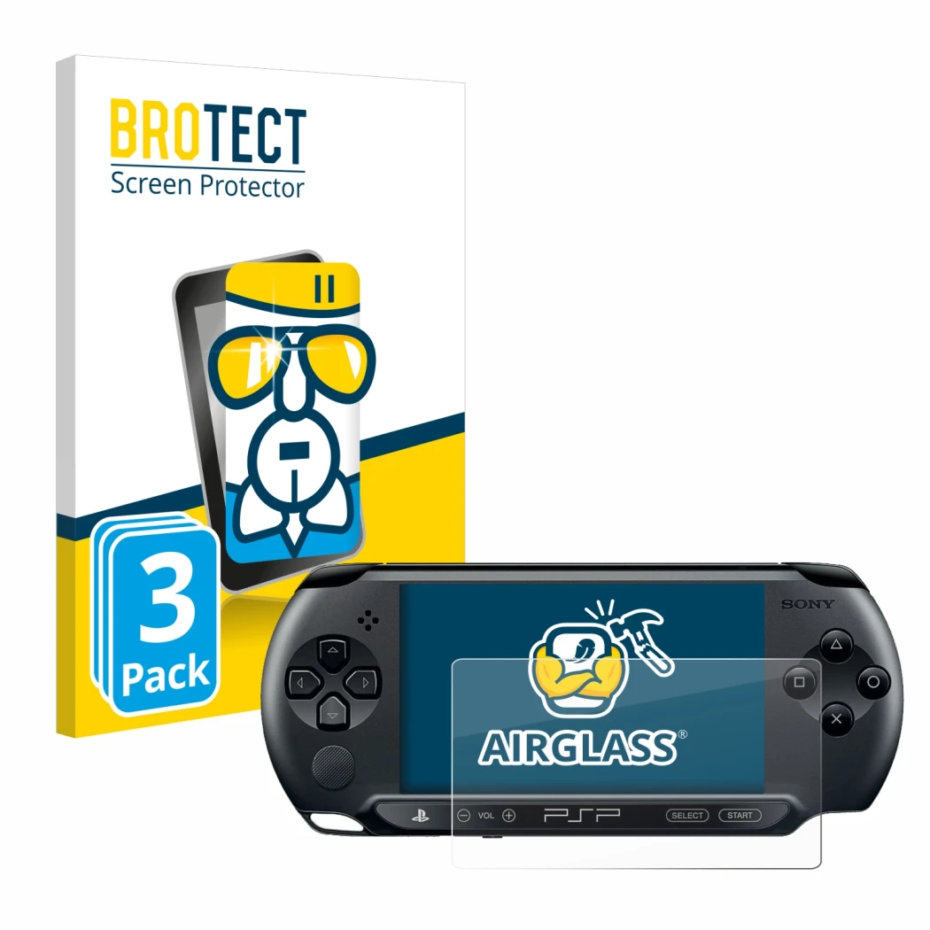Vorderseite einer Produktverpackung mit dem Markenlogo BROTECT. Daneben ist das Gerät Sony PSP 1004 mit dem zugehörigen Displa