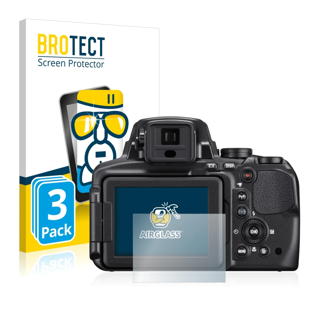 Vorderseite einer Produktverpackung mit dem Markenlogo BROTECT. Daneben ist das Gerät Nikon Coolpix P900 mit dem zugehörigen D