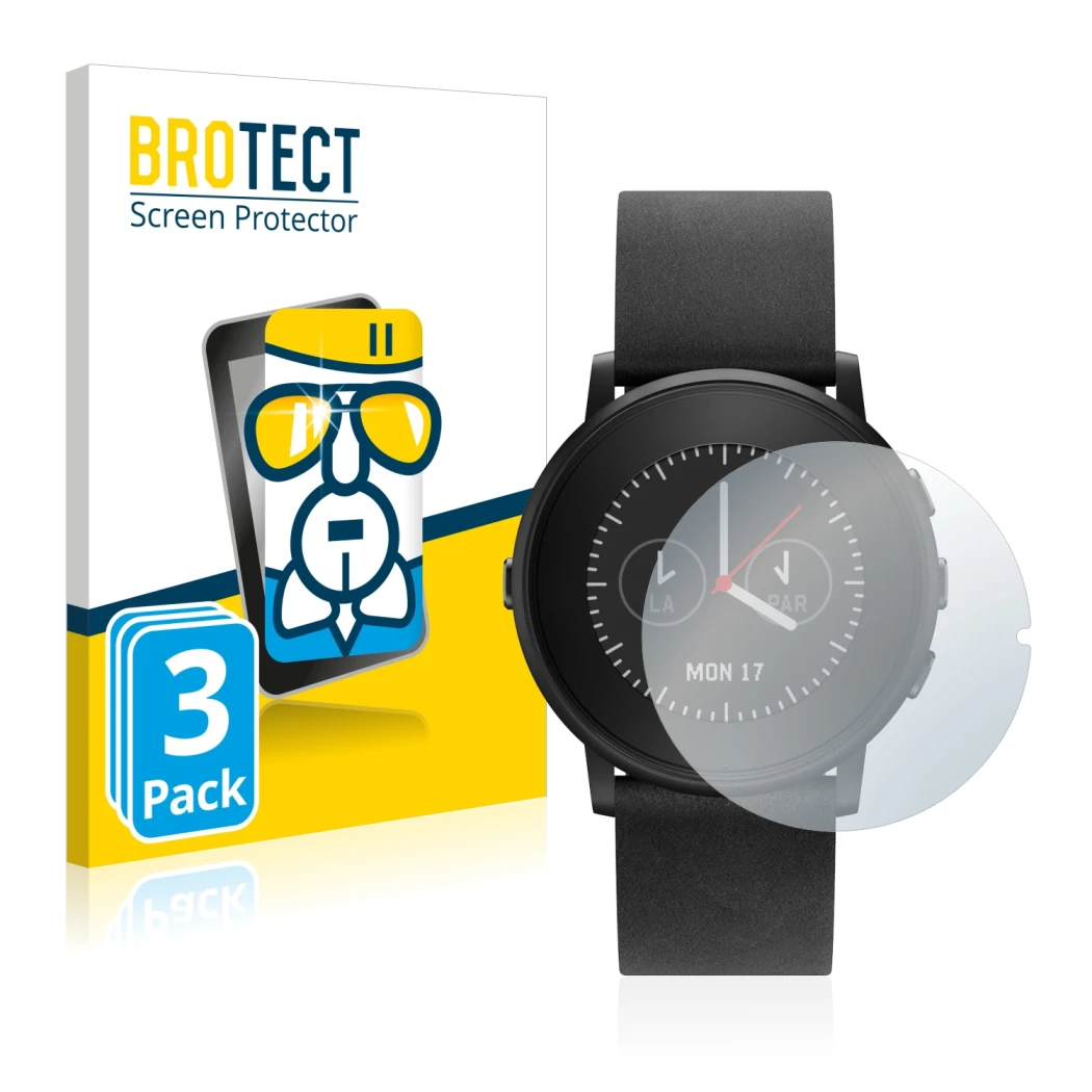 Vorderseite einer Produktverpackung mit dem Markenlogo BROTECT. Daneben ist das Gerät Pebble Time Round mit dem zugehörigen Di