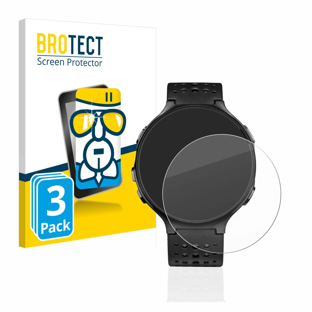 Vorderseite einer Produktverpackung mit dem Markenlogo BROTECT. Daneben ist das Gerät Garmin Forerunner 235 mit dem zugehörige