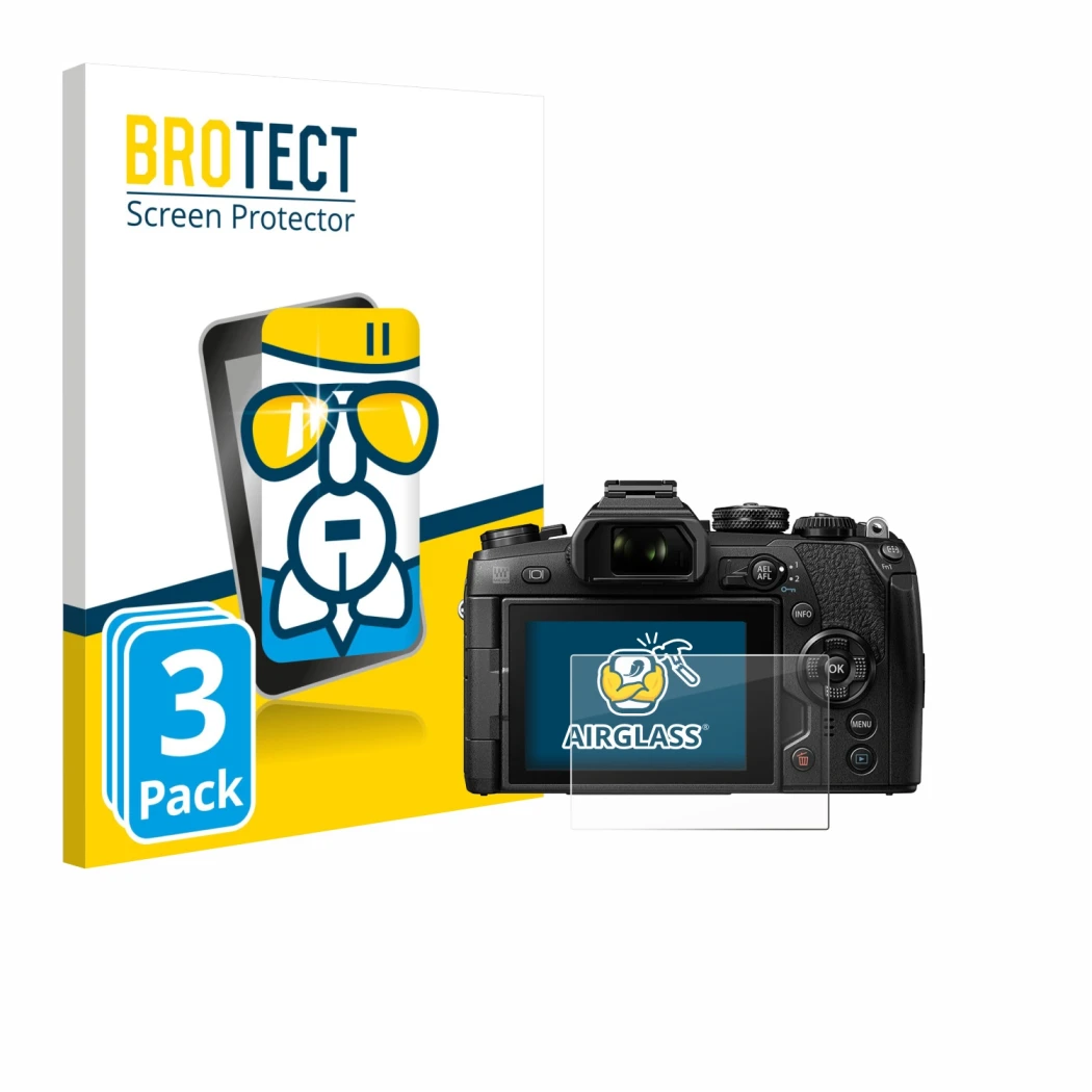 Vorderseite einer Produktverpackung mit dem Markenlogo BROTECT. Daneben ist das Gerät Olympus OM-D E-M1 Mark II mit dem zugehö