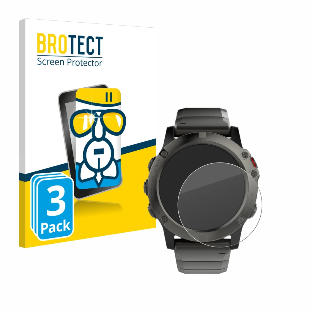 Vorderseite einer Produktverpackung mit dem Markenlogo BROTECT. Daneben ist das Gerät Garmin Fenix 5X (51 mm) mit dem zugehöri