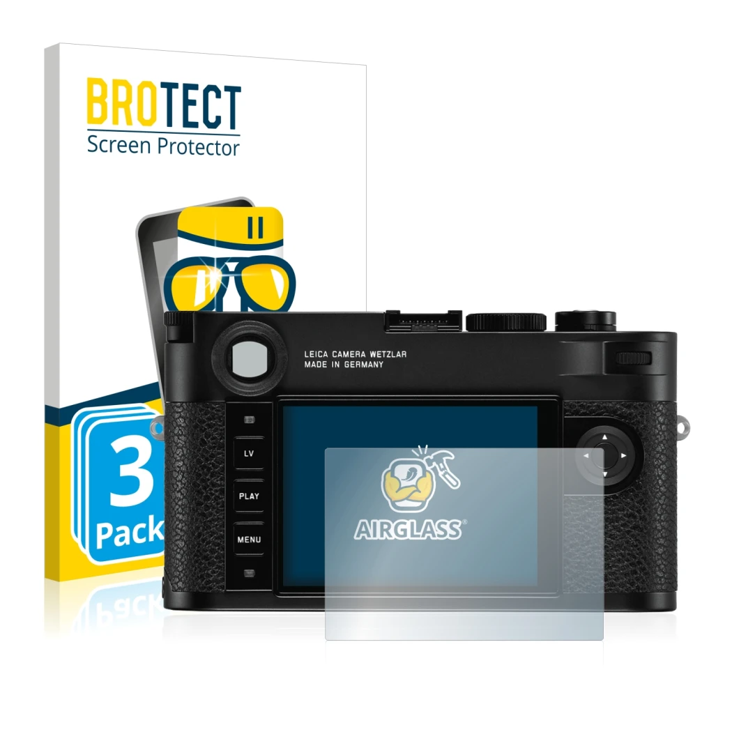Vorderseite einer Produktverpackung mit dem Markenlogo BROTECT. Daneben ist das Gerät Leica M10 mit dem zugehörigen Displaysch