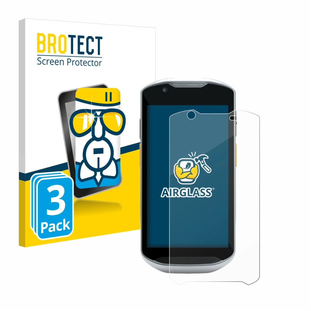 Vorderseite einer Produktverpackung mit dem Markenlogo BROTECT. Daneben ist das Gerät Zebra TC56 mit dem zugehörigen Displaysc