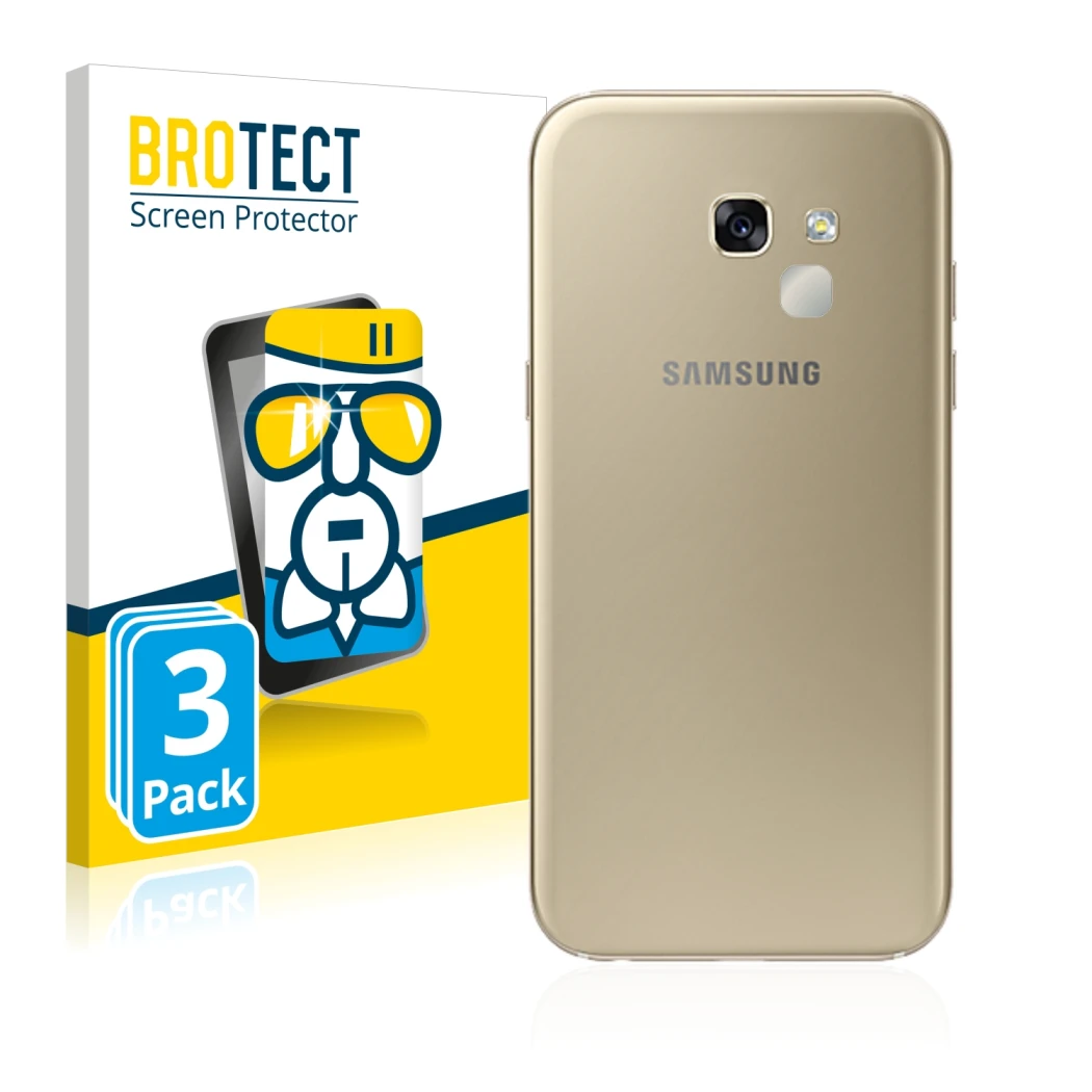 Vorderseite einer Produktverpackung mit dem Markenlogo BROTECT. Daneben ist das Gerät Samsung Galaxy A5 2017 (NUR Kameraschutz