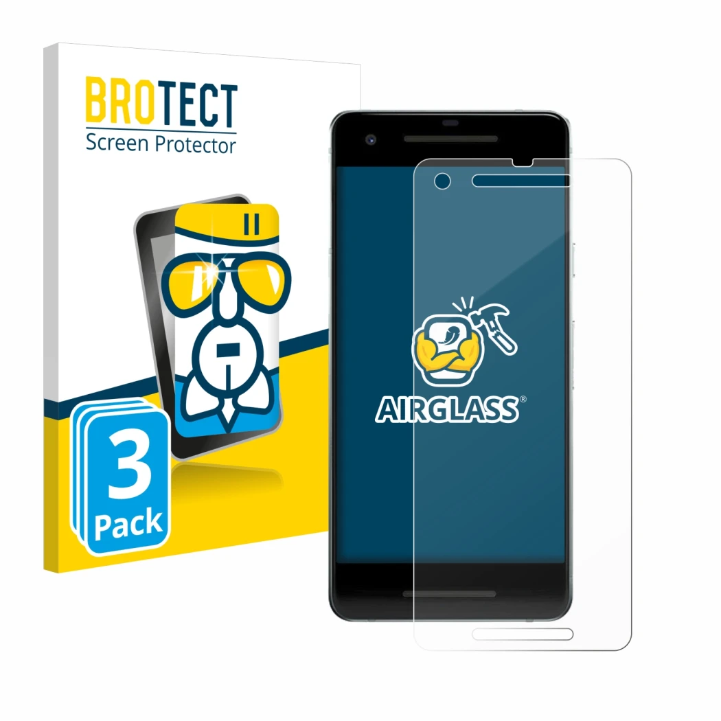 Vorderseite einer Produktverpackung mit dem Markenlogo BROTECT. Daneben ist das Gerät Google Pixel 2 mit dem zugehörigen Displ