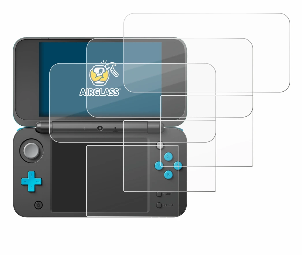 Abbildung des Geräts New Nintendo 2DS XL mit einer Vielzahl des Displayschutzes.